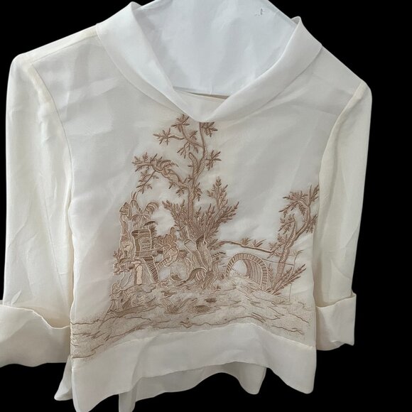 Embroidered Blouse – Ivory Sheer Statement Top (Size Small), 100% Silk - Picture 2 of 10